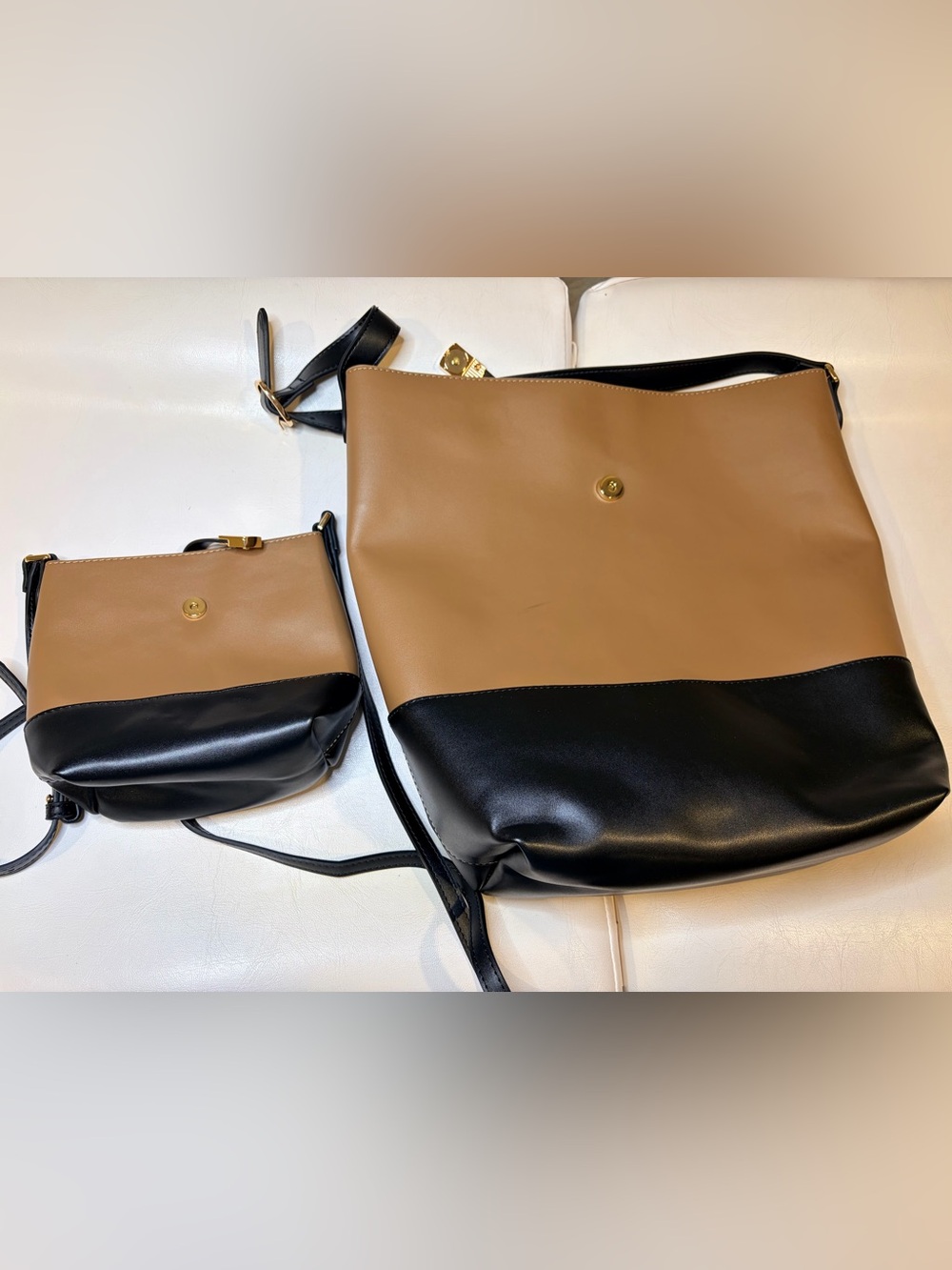 Old Navy Two-Tone Brown and Black Leather Shoulder Tote - Picture 6 of 10